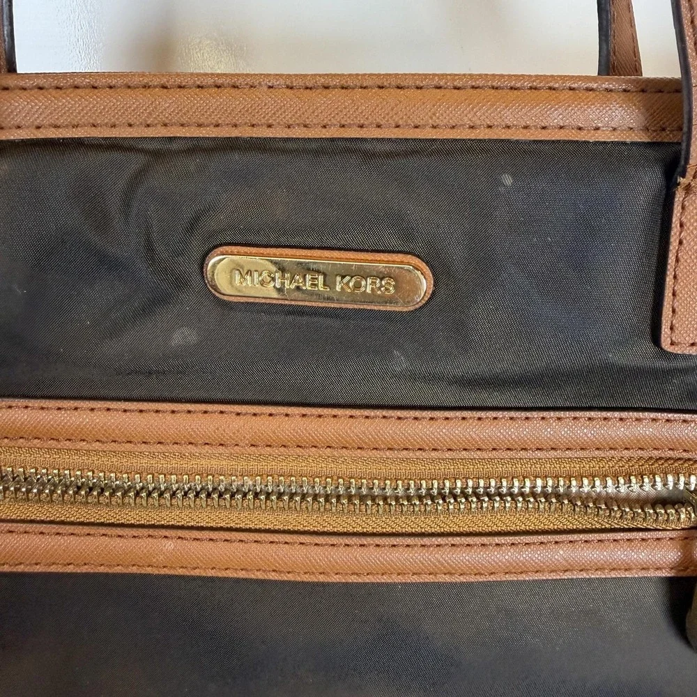 Michael Kors Tote Bag Womens Medium Black Nylon Leather Brown Trim Zip Pockets